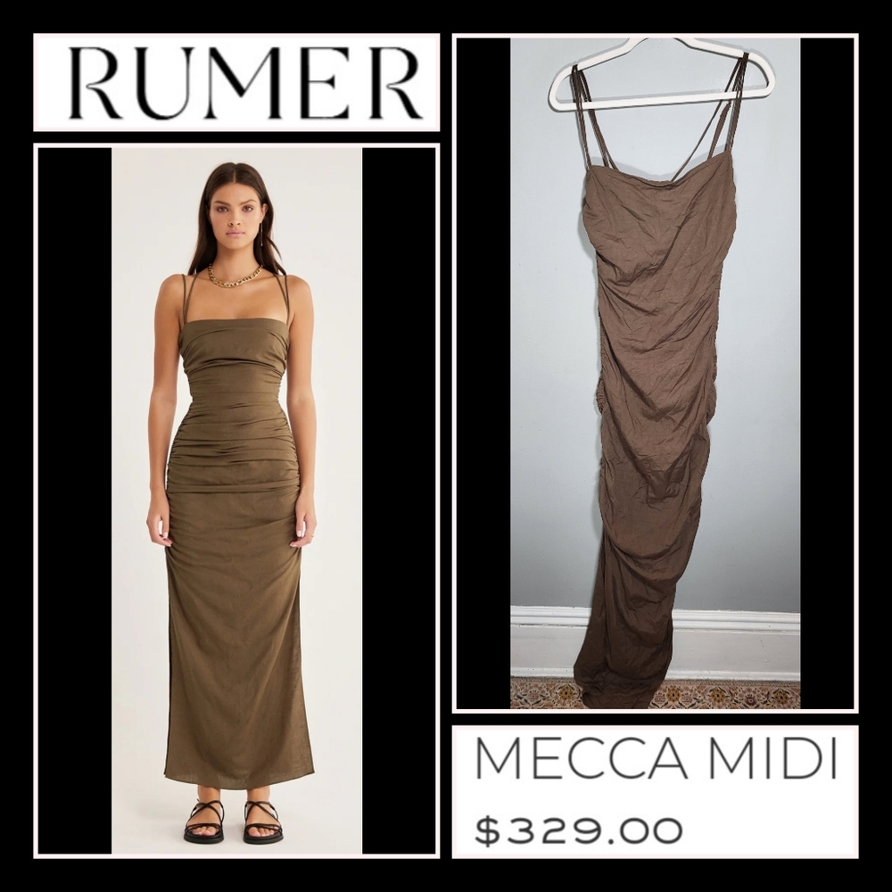NWT RUMER Dress Linen Blend Size Small The Mecca Midi in Mocha Cinched Sides